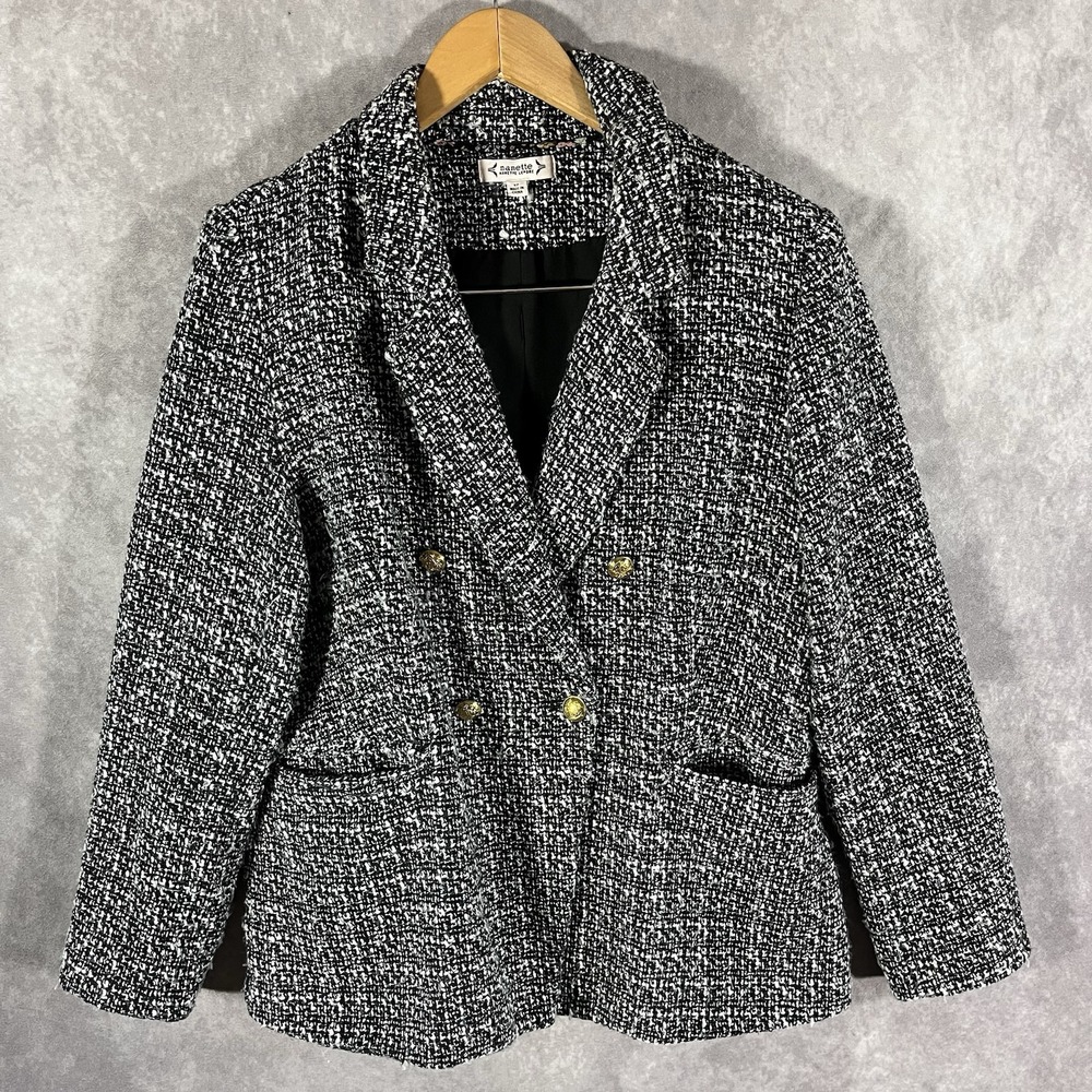 Nanette Nanette Lepore Blazer Womens 12 Black White Tweed Double Breasted Gold